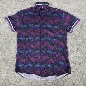 Eight X Shirt Mens Large Multicolor Skull Print Short Sleeve Button Front BUCKLE